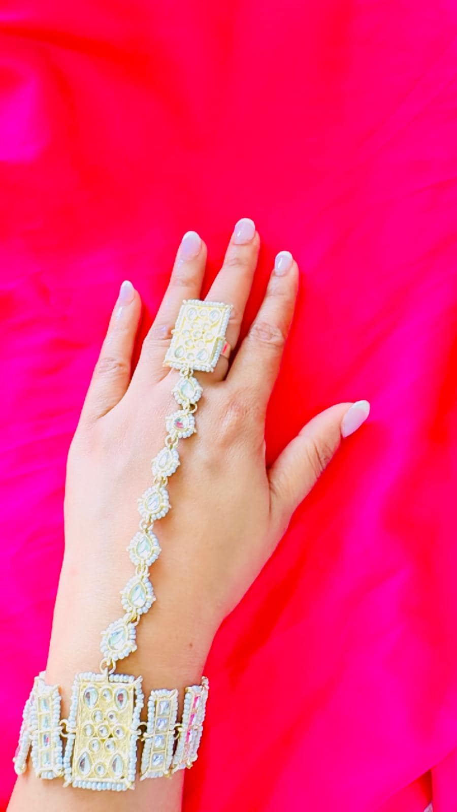 Exquisite Hand Harness Finger Chain Bracelet with Kundan Stones – Traditional Bridal Jewelry for Women