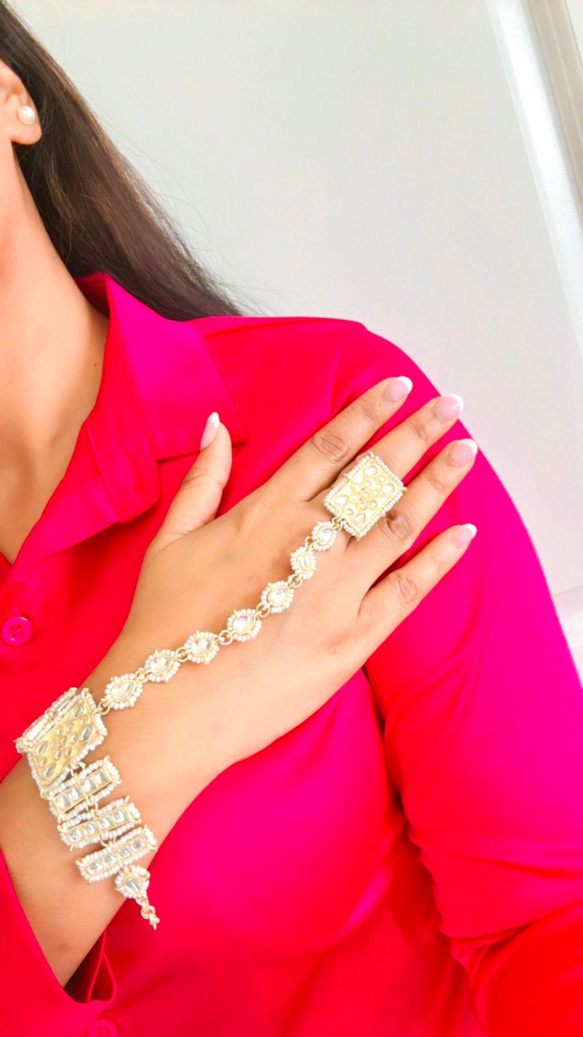 Exquisite Hand Harness Finger Chain Bracelet with Kundan Stones – Traditional Bridal Jewelry for Women