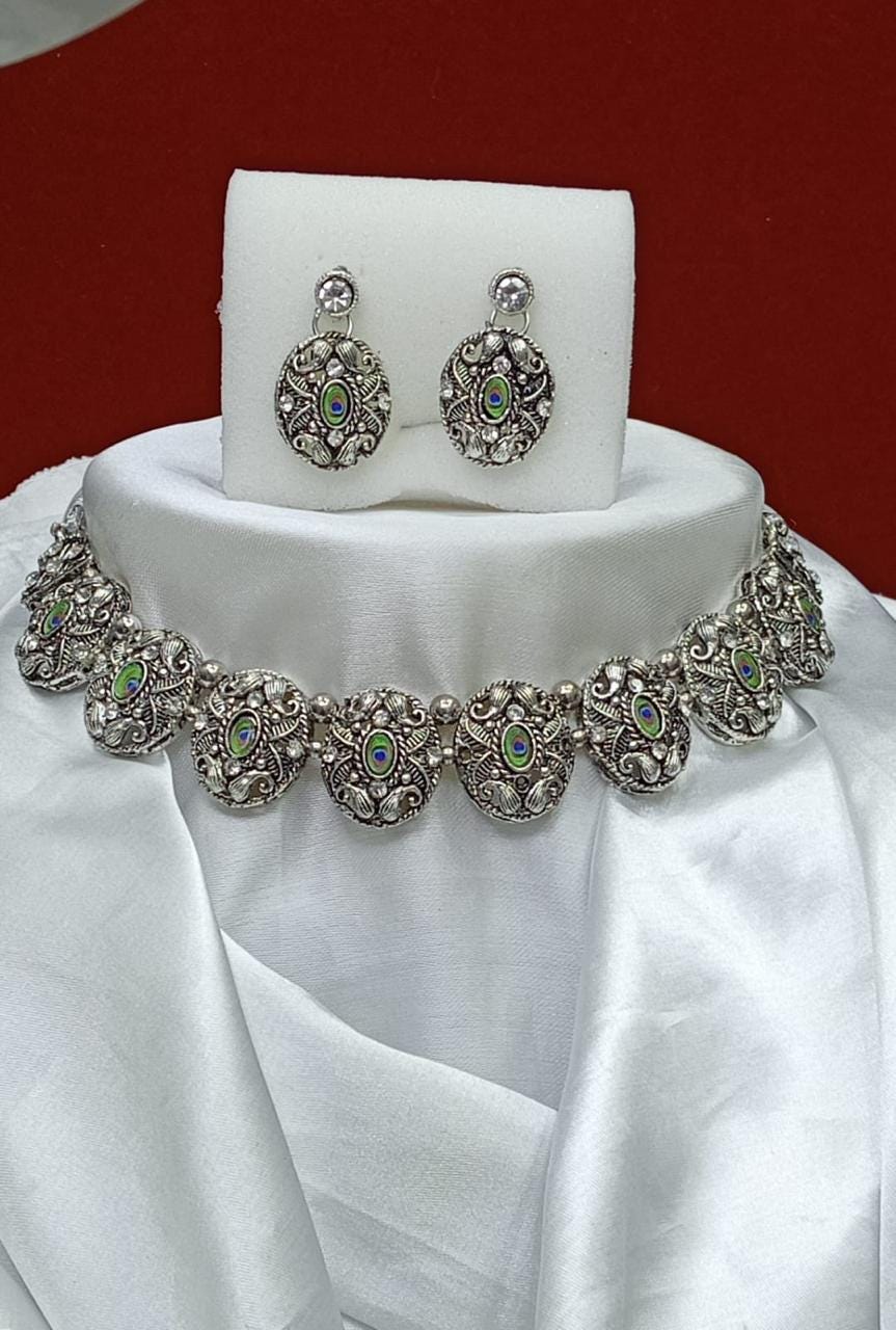 Oxidized Silver Peacock Choker Necklace and Earring Set – Traditional Indian Jewelry for Women – Perfect for Weddings and Festive Occasions