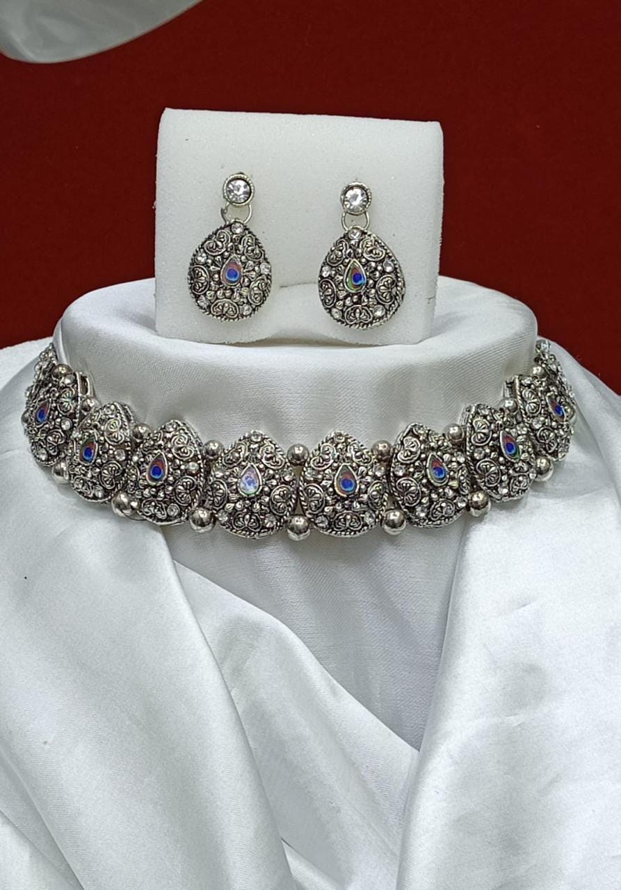 Oxidized Silver Peacock Choker Necklace and Earring Set – Traditional Indian Jewelry for Women – Perfect for Weddings and Festive Occasions