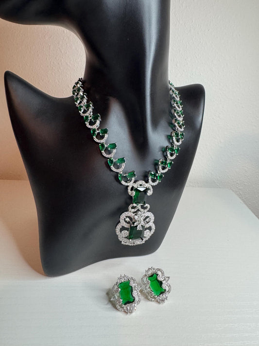 Elegant Green Crystal Necklace and Earring Set – Luxurious Jewelry for Women Perfect for Weddings, Parties, and Special Occasions