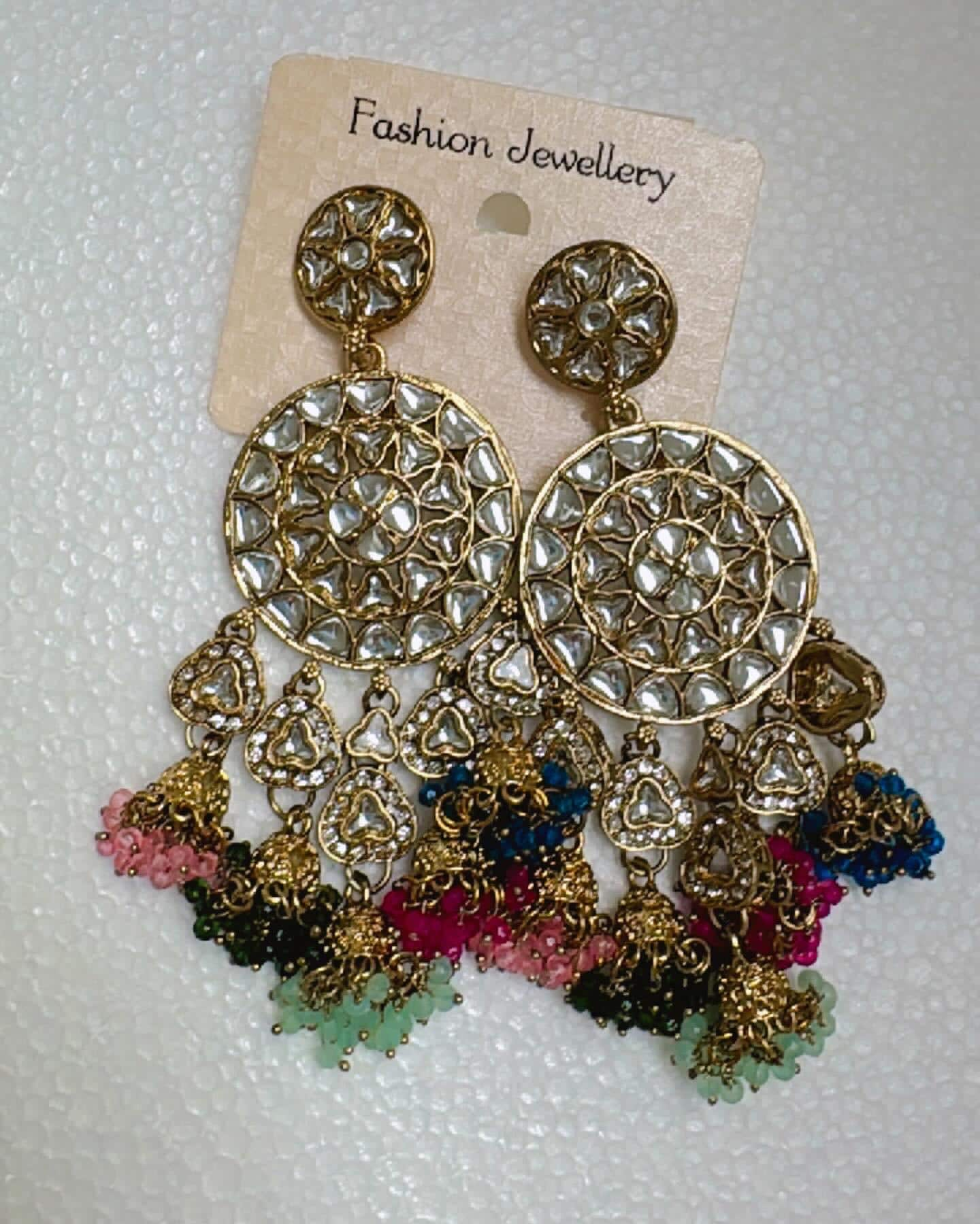 Golden Kundan Chandbali Earrings with Multicolored Beads – Traditional Ethnic Bridal Jewelry