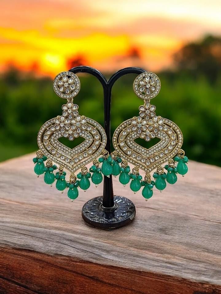 Kundan Chandbali Earrings with Green Beads – Traditional Bridal Ethnic Jewelry