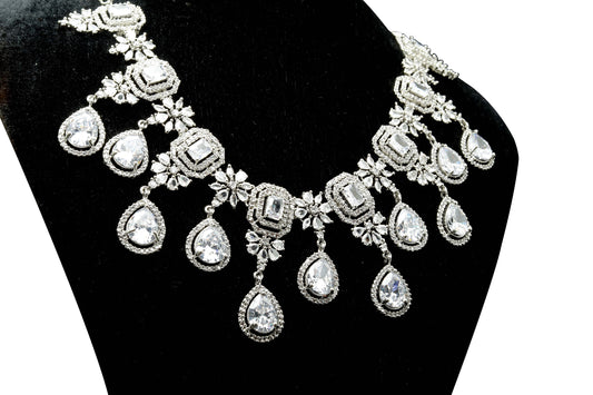 Moonlit Glamour: Dazzling Clear Teardrop Crystal Necklace and Earrings, Diamond jewelry/ Indian jewelry/ Pakistani jewelry/ wedding set