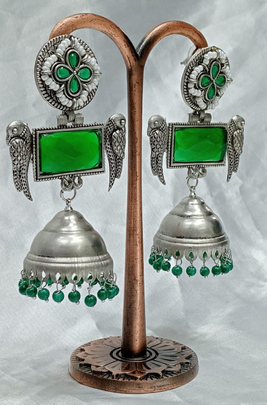 Antique Oxidized Silver Jhumka Earrings with Stone and Pearl Beads – Traditional Indian Dangle Earrings for Women