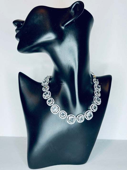 Regal White Oval Cut Sapphire Simulant Necklace and Earring Set with Diamond Simulant Accents