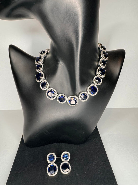 Elegant Sapphire and Diamond Simulant Necklace and Earrings Set