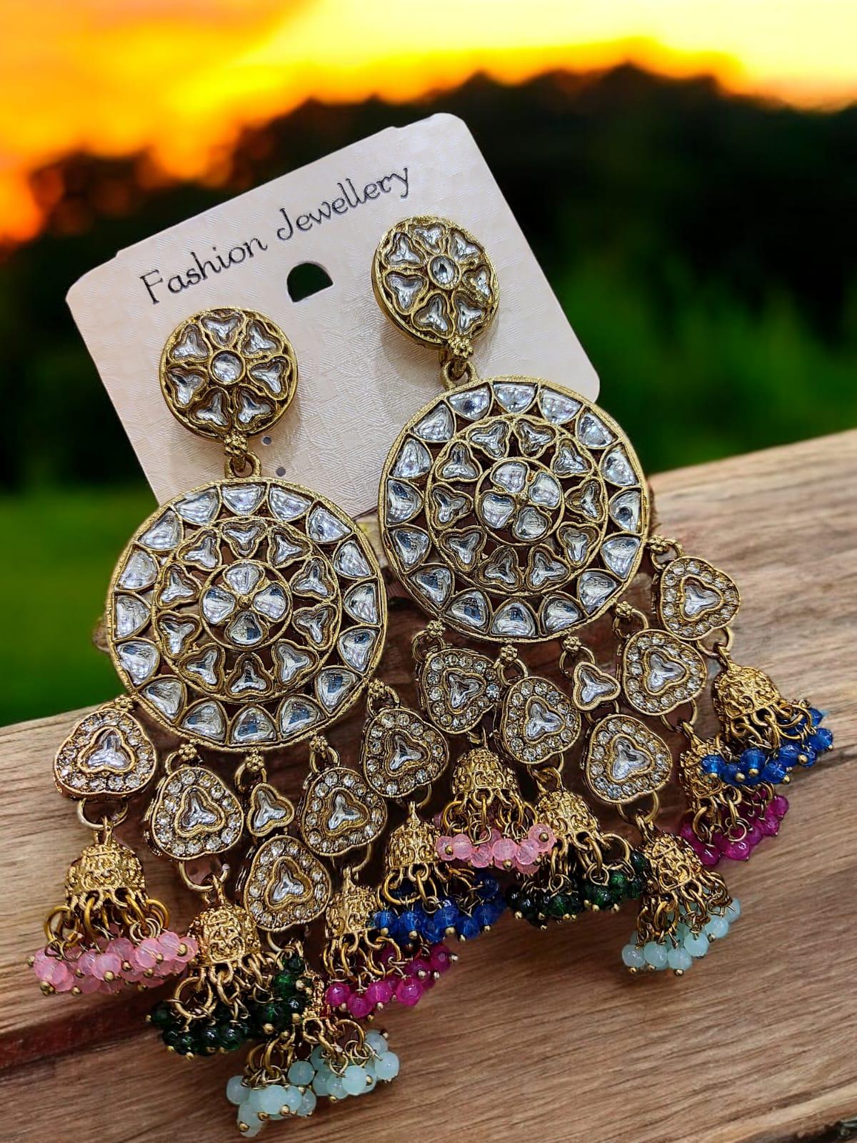 Golden Kundan Chandbali Earrings with Multicolored Beads – Traditional Ethnic Bridal Jewelry