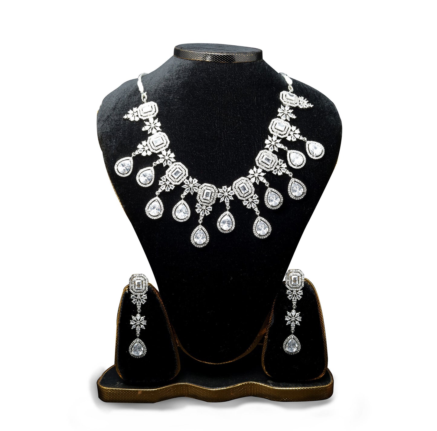 Moonlit Glamour: Dazzling Clear Teardrop Crystal Necklace and Earrings, Diamond jewelry/ Indian jewelry/ Pakistani jewelry/ wedding set