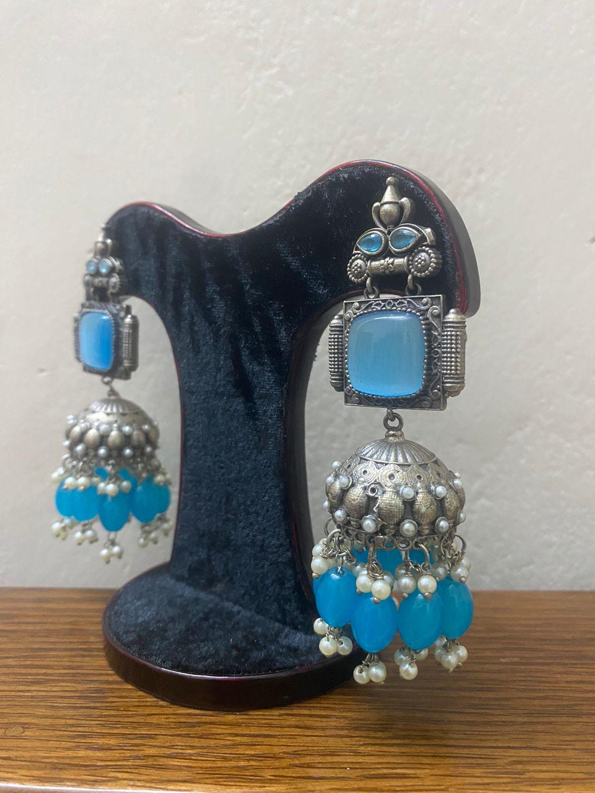 Antique Oxidized Silver Jhumka Earrings with Stone and Pearl Beads – Traditional Indian Dangle Earrings for Women