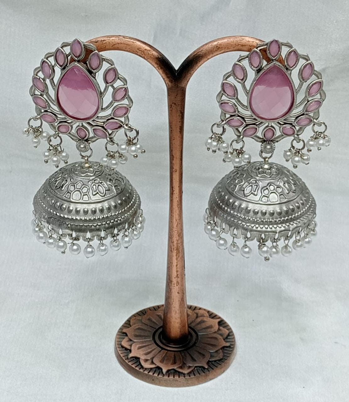 Antique Oxidized Silver Jhumka Earrings with Stone and Pearl Beads – Traditional Indian Dangle Earrings for Women