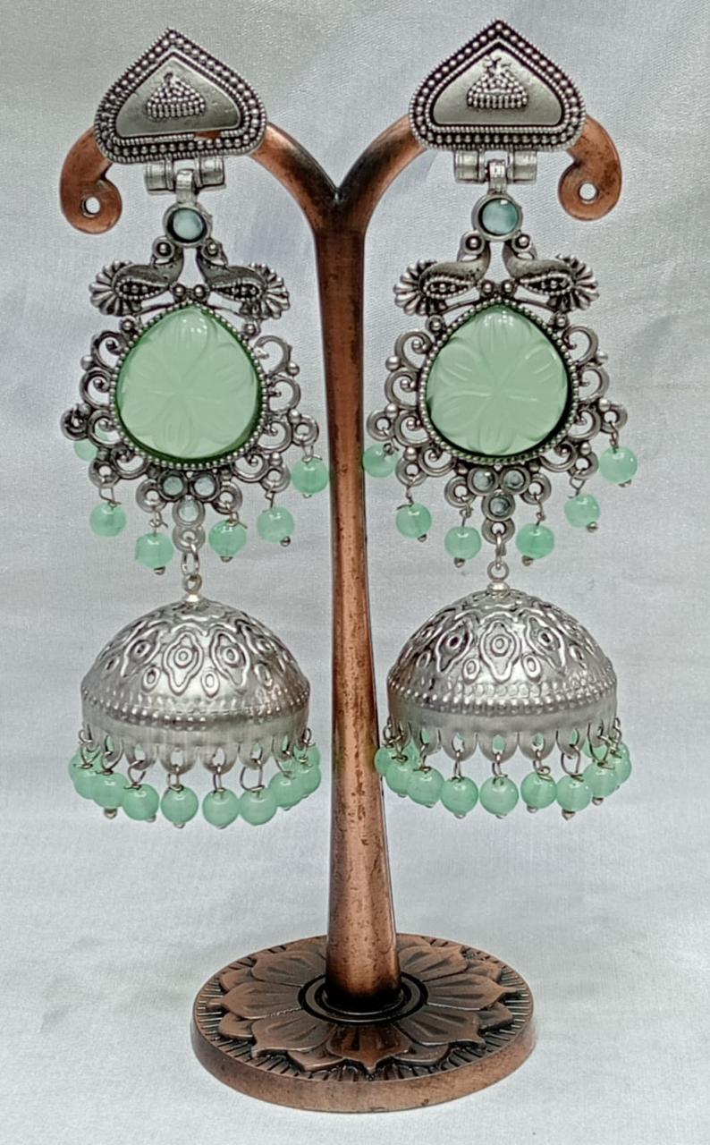 Antique Oxidized Silver Jhumka Earrings with Stone and Pearl Beads – Traditional Indian Dangle Earrings for Women