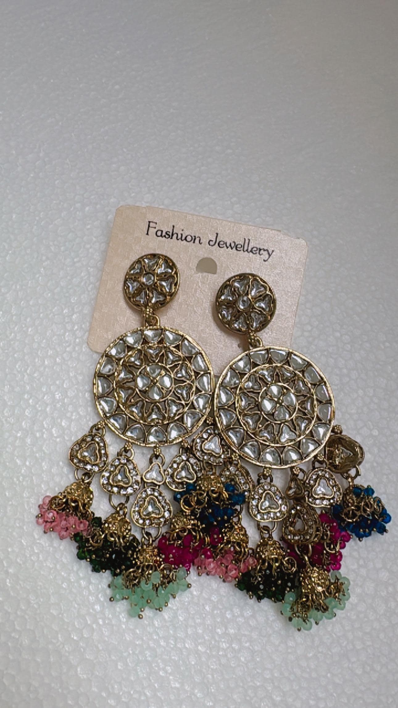 Golden Kundan Chandbali Earrings with Multicolored Beads – Traditional Ethnic Bridal Jewelry