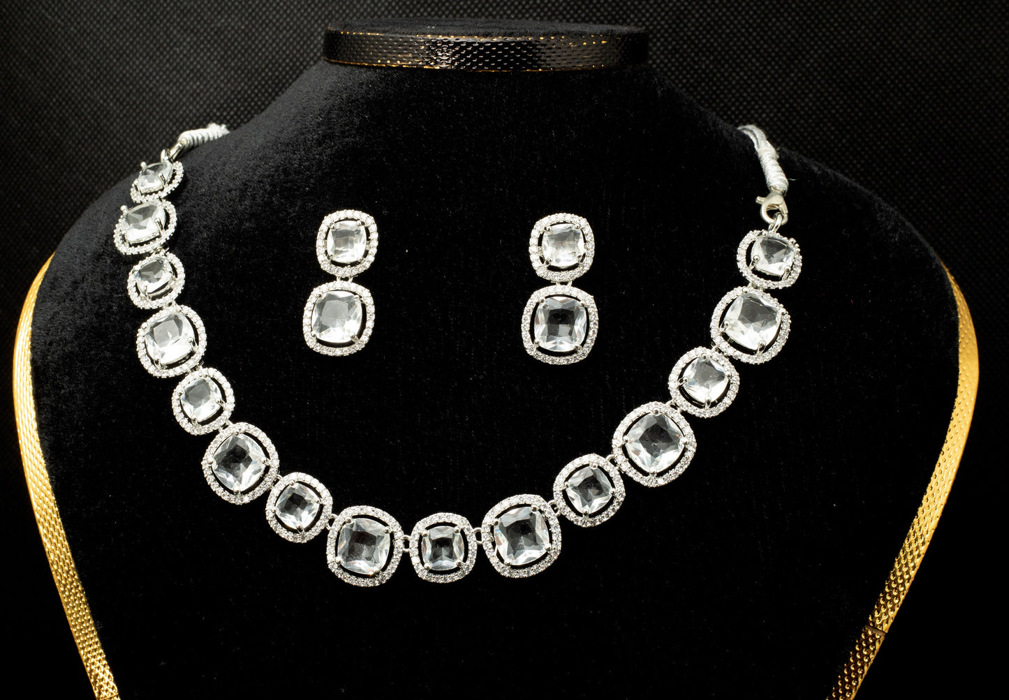 Regal White Oval Cut Sapphire Simulant Necklace and Earring Set with Diamond Simulant Accents