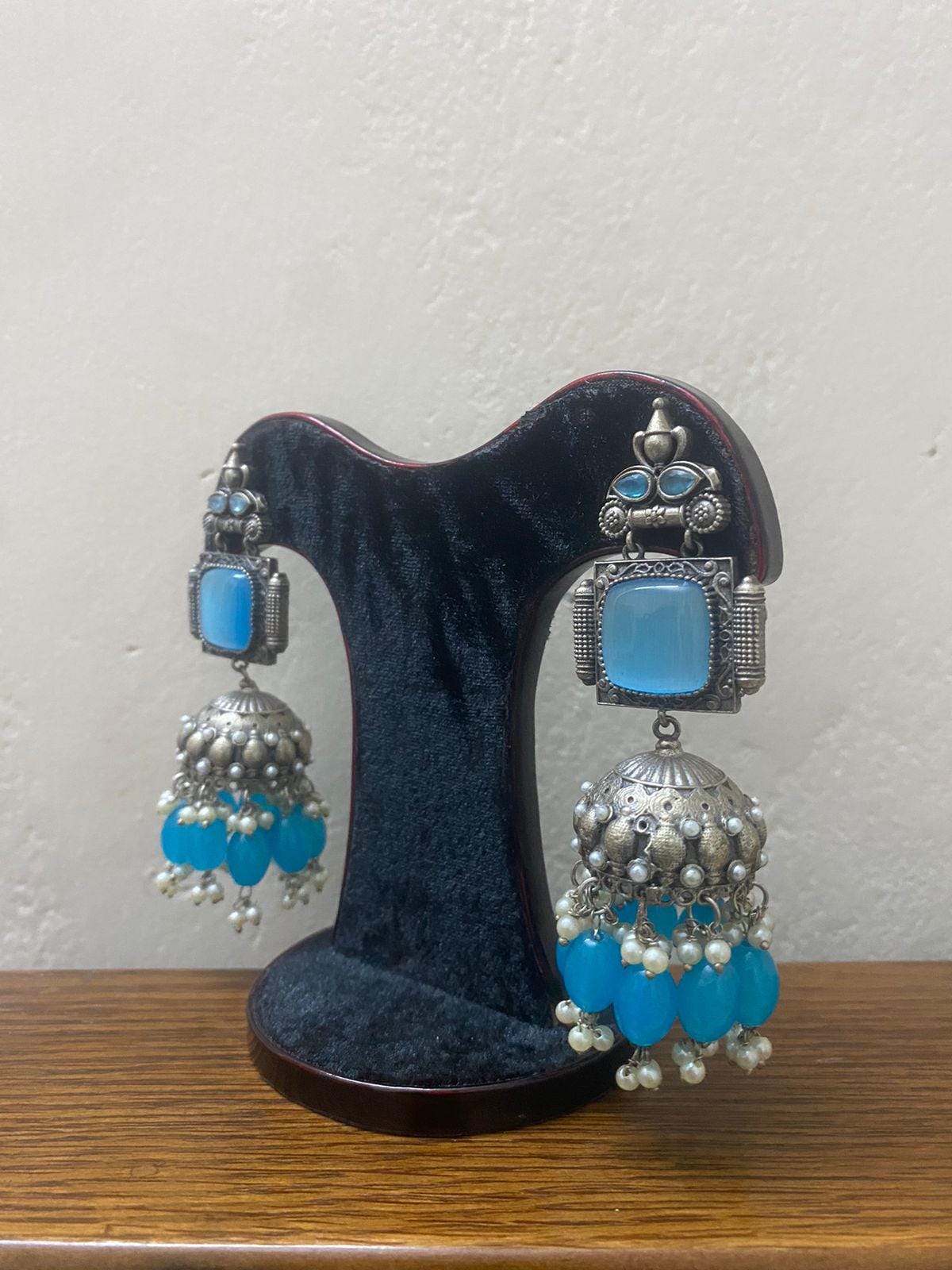 Antique Oxidized Silver Jhumka Earrings with Stone and Pearl Beads – Traditional Indian Dangle Earrings for Women