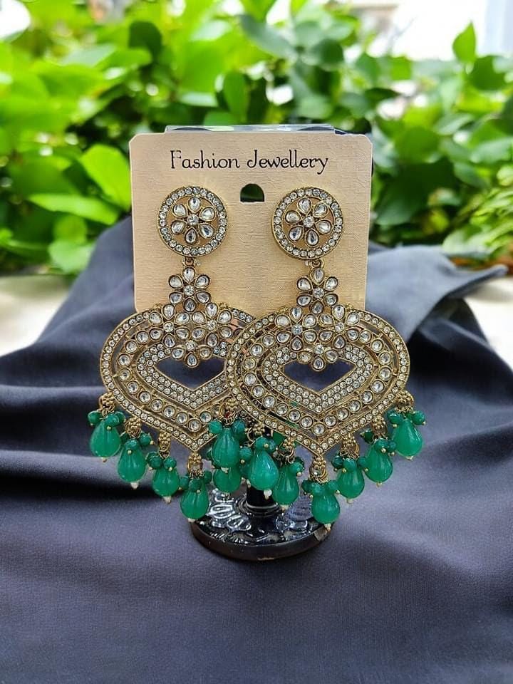 Kundan Chandbali Earrings with Green Beads – Traditional Bridal Ethnic Jewelry