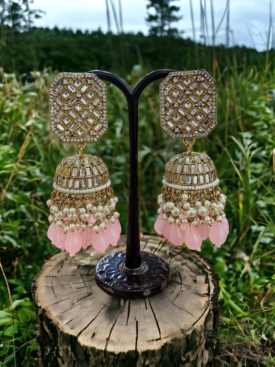 Luxurious Geometric Jhumka Earrings and Pearl Detailing